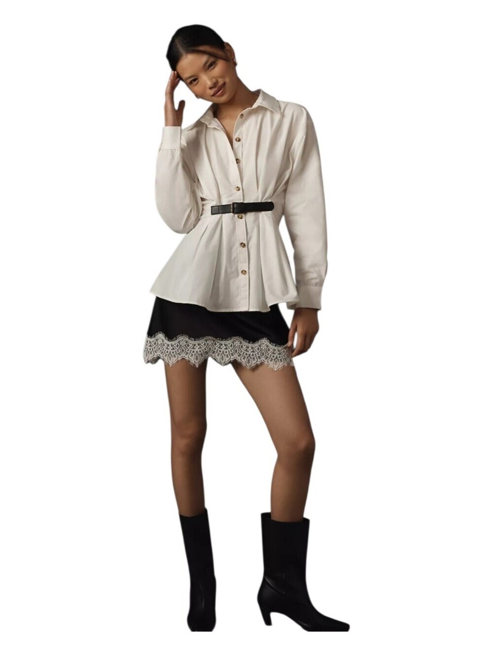 NWT By Anthropologie Belted Buttondown Shirt Women's Size 8 White Cotton Peplum - Picture 5 of 13